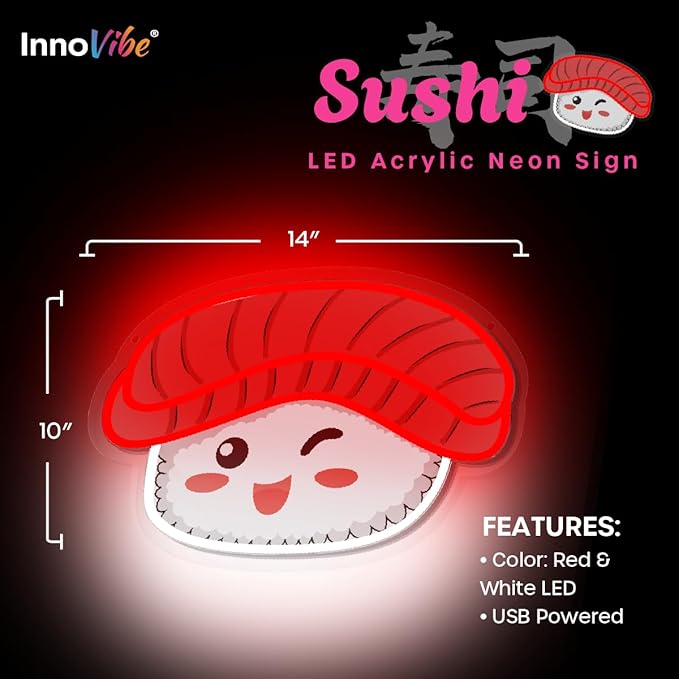 Sushi NEON Wall Sign, Cute Food LED Light, Wall Decor, Perfect for Holiday and Birthday Gift, Party Decor, Red White Sushi with Face for Kids Room, Bar, Restaurant