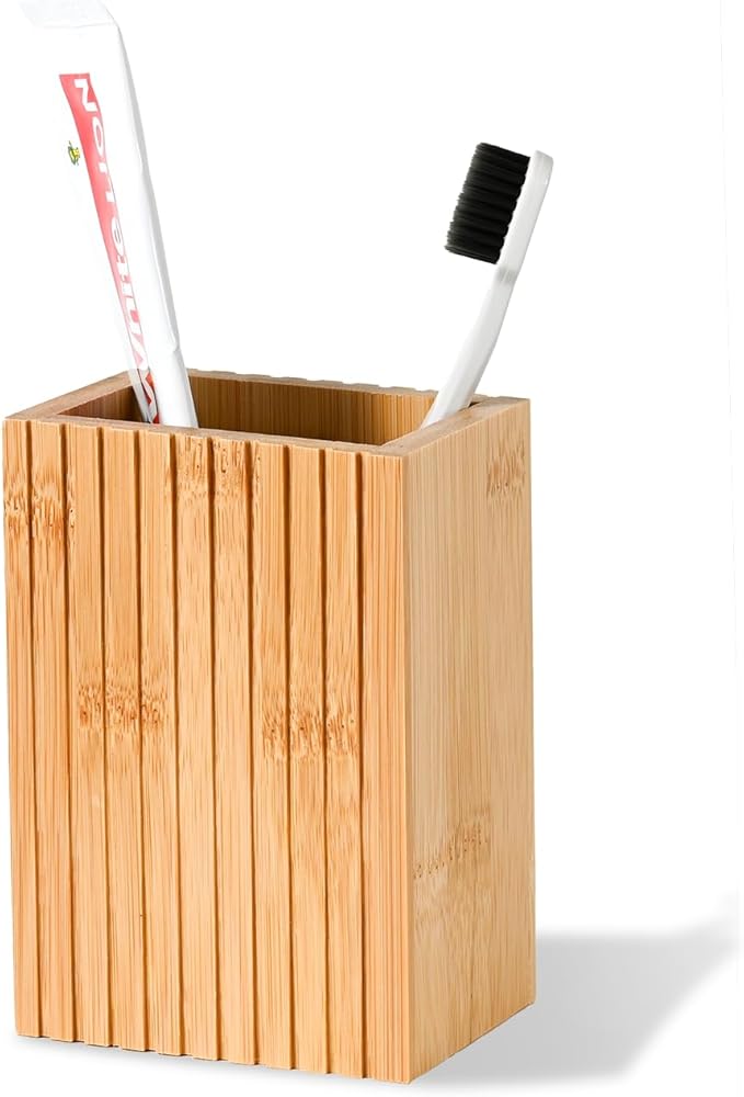Natural Bamboo Toothbrush Holder, Fluted Square Design for Countertop, Multipurpose Pen Holder or Desktop Organizer, Natural