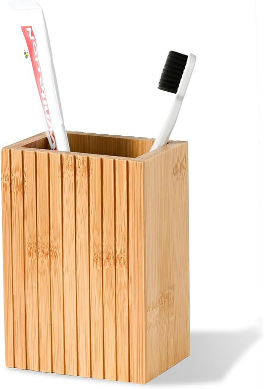 Natural Bamboo Toothbrush Holder, Fluted Square Design for Countertop, Multipurpose Pen Holder or Desktop Organizer, Natural
