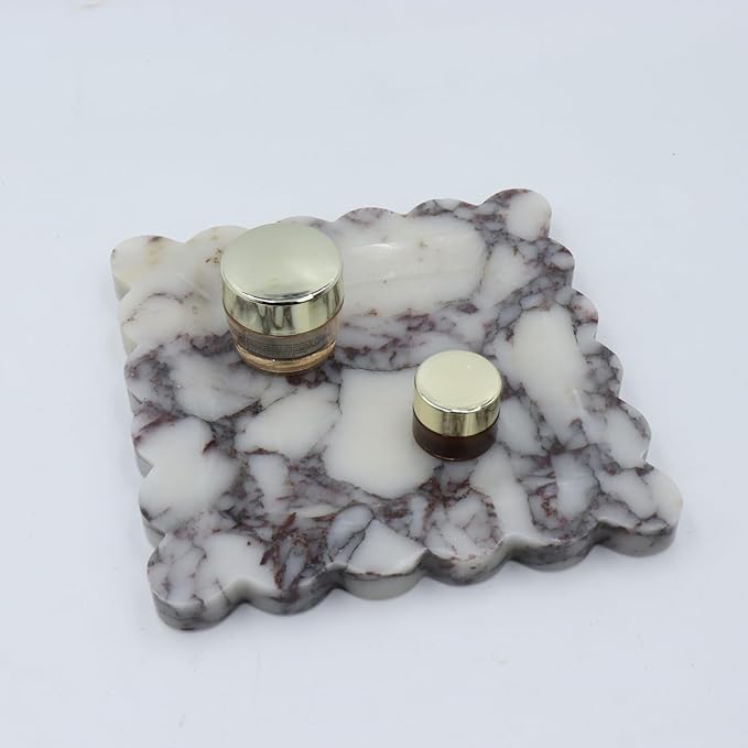 Square Marble Decorative Tray with Scalloped Edge, Luxury Natural Stone Bathroom Vanity Tray, Dresser Top Perfume Coffee Home Kitchen Sink Tray, Key Trinket Ring