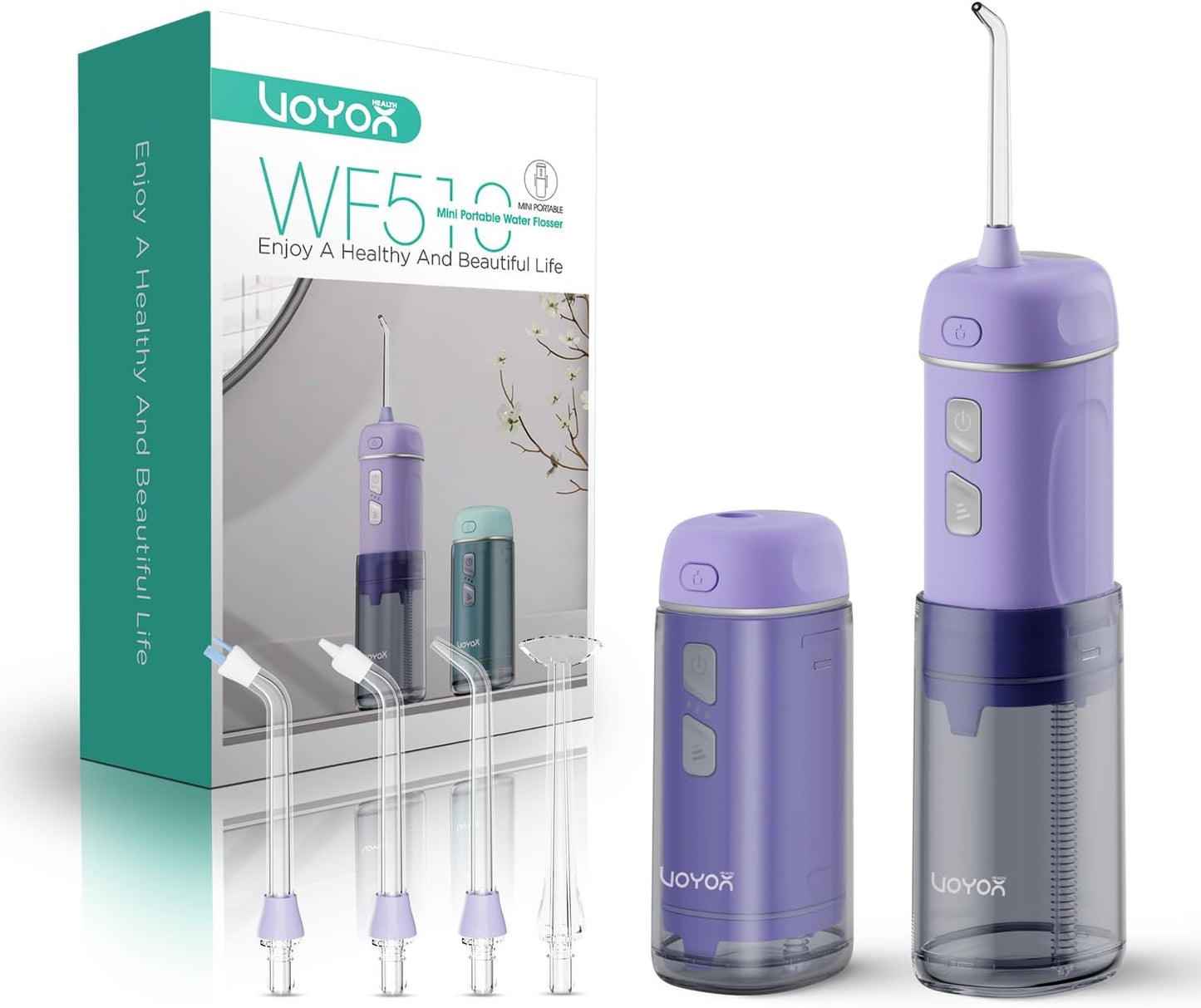 VOYOR-HEALTH Portable Water Flosser Cordless, Mini Travel Oral Irrigator with Telescopic Water Tank, IPX7 Waterproof Water Dental Flosser for Teeth Cleaning Braces & Dental Care WF510 (Purple)