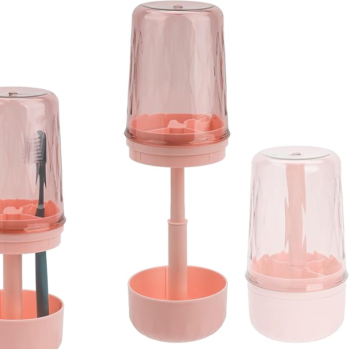 Toothbrush Holder Stand with Cup/Cover, Adjustable Height Toothbrush Organizer with 3 Slots, Portable for Bathroom, Travel, Camping (Pink)