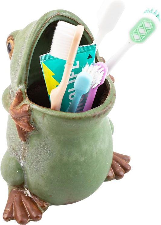 FlidRunest Extra Large Kids Frogs Toothbrush Holder for Bathroom - Ceramic Animal Tooth Brush Holder Cup - Easy to Clean Toothbrush and Toothpaste Holder - Great Gift for Boy, Friends, Kids, Men