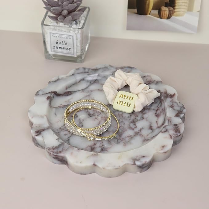 Round Marble Decorative Tray with Scalloped Edge, Luxury Natural Stone Bathroom Vanity Tray, Dresser Top Perfume Coffee Home Kitchen Sink Tray, Key Trinket Ring