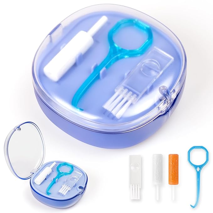 Double-layer Retainer Storage Case with Belt Chewing, Removal Tool, Cleaning Brush, Built in Mirror Orthodontic Retainer Container Case, Retainer Travel Case (blue)
