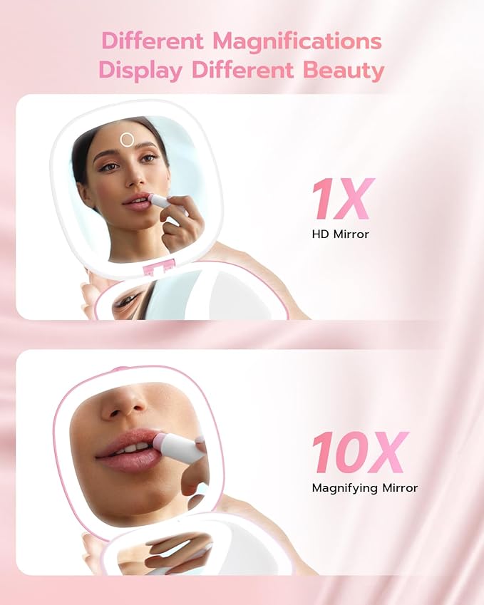 Benbilry 3.9" Rechargeable Compact Makeup Mirror with 3 Light Colors and Magnification 1X / 10X, Double Light Strip Dimmable Small LED Travel Mirror for Purse, Pink