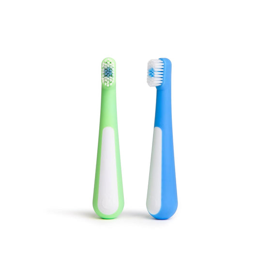 Ubbi Toddler Training Toothbrush Set, Soft Bristled & Gentle Manual Toothbrushes for Baby, Polaris Blue & Zest Green