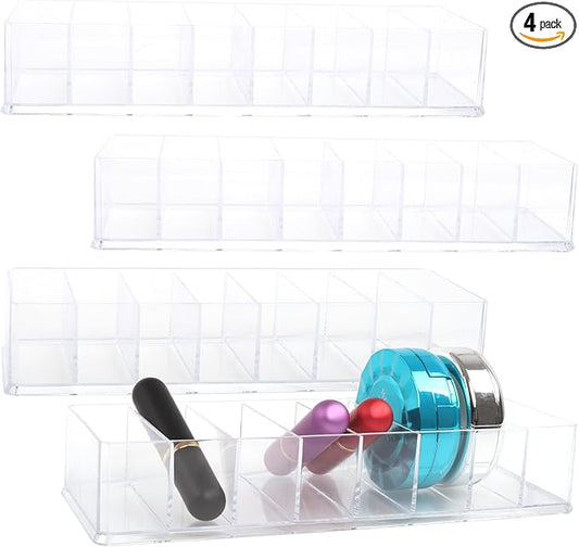 Acrylic Makeup Organizer,4 Pack Makeup Compact Organizer Detachable Makeup Organizer Clear Vanity Drawer Organizer, 8 Spaces Clear Cosmetic Display Case for Bathroom, 10x3.3x1.7 Inches