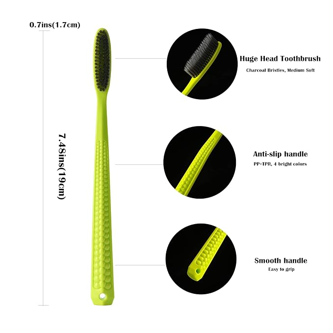 EasyHonor Huge Head Toothbrush, Medium Soft Toothbrush BPA Free for Proper Dental Care, 4 Pack with Black Charcoal Bristles.