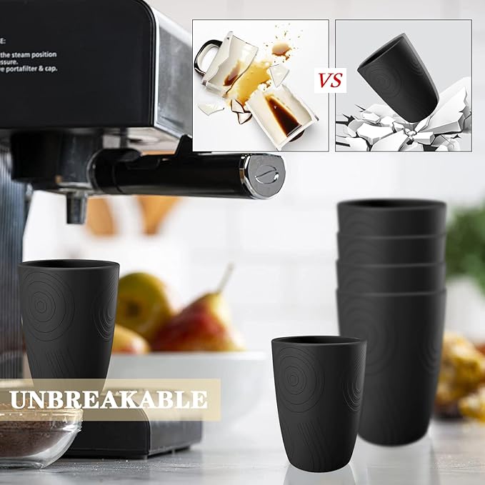 Homienly Wheat Straw Cups Set of 6, 12 OZ Alternative Plastic Cups Reusable, Stackable Drinking Cups, Water Cups, Coffee Cups, Unbreakable Glasses Drinking for Camping, Travel, Party - Black