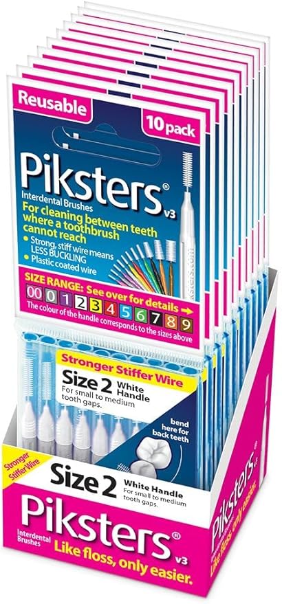 Piksters Interdental Brushes, Size 2, 100 Count (10 x 10 Packs), Interdental Tooth Brush for Extremely Tight and Fine Gaps, Gum Soft Bristles for Plaque Removal, Safe for Braces (100pk)