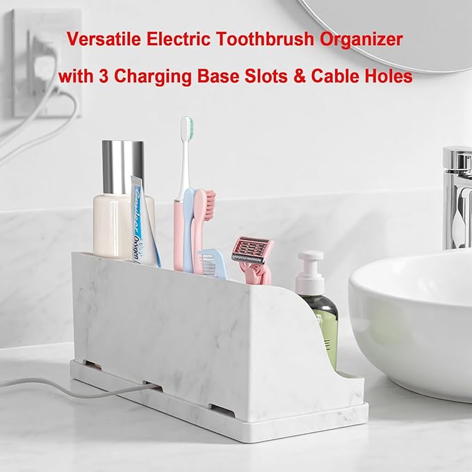 Large Size Silicone Tooth Brush Holder for Bathroom with Drainage, White Marble Toothbrush Holders, Easy Clean Bathroom Countertop Organizer Detachable Makeup Organizer for Vanity