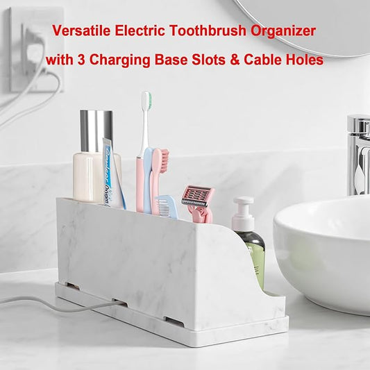 Large Size Silicone Tooth Brush Holder for Bathroom with Drainage, White Marble Toothbrush Holders, Easy Clean Bathroom Countertop Organizer Detachable Makeup Organizer for Vanity