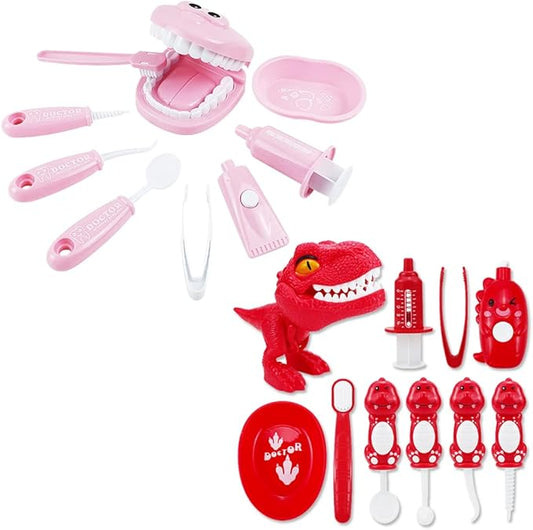 Bundle 19PCS = 9PCS Plastic Simulation Dentist Play Set （Pink） + 10PCS Plastic Dinosaur Simulation Dentist Play Set (Red)