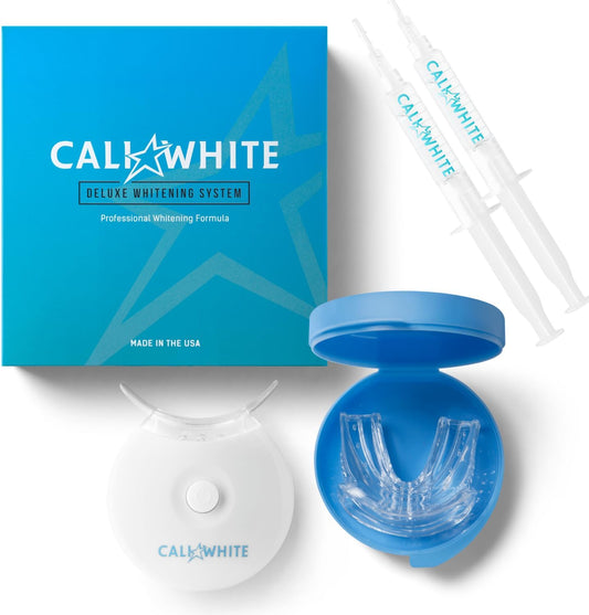 Cali White Teeth Whitening Strip Kit with LED Light and Batteries - Organic Peroxide Teeth Whitener Gel - Set of White Strips - 2x5ml Syringes, Thermoform Whitening Kit Trays and Case