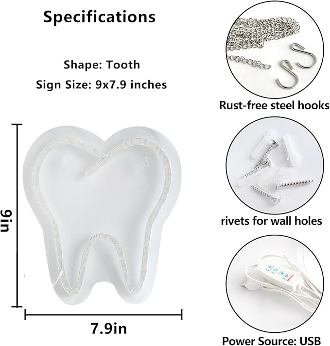 9 x7.9 Inches Tooth-Shaped LED Neon Sign, Dental Light for Dentist Office Clinic Decoration, Smile Wall Art Graduation/Retirement/Birthday Gifts, USB Powered Hanging Light Dentistry Accessories