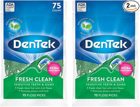 DenTek Fresh Clean Floss Picks, for Extra Tight Teeth, 75 Count, (Pack of 2)