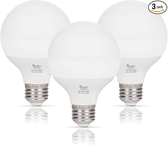 Simba Lighting LED Vanity Globe G25 (G80) Light Bulb for Bathroom, Makeup Mirror | Decorative White Frosted Cover, 8W, 60W Equivalent, 120V, Standard E26 Medium Base, Daylight 5000K, Pack of 3
