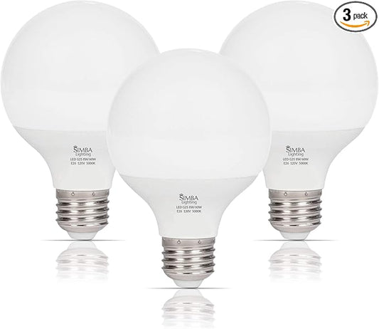 Simba Lighting LED Vanity Globe G25 (G80) Light Bulb for Bathroom, Makeup Mirror | Decorative White Frosted Cover, 8W, 60W Equivalent, 120V, Standard E26 Medium Base, Daylight 5000K, Pack of 3