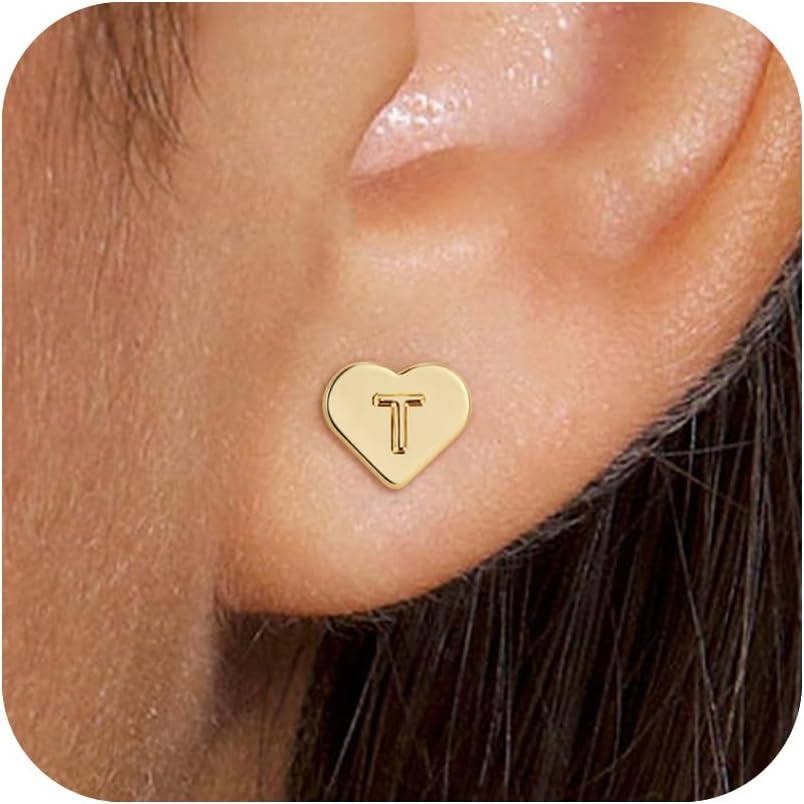 Heart Initial Earrings for Girls Kids Women - 18K Gold Filled Heart A-Z Initial Letter Earrings Teen Girls Gifts Trendy Stuff Birthday Gift for 5 6 7 8 9 10 Year Old Girl Gifts