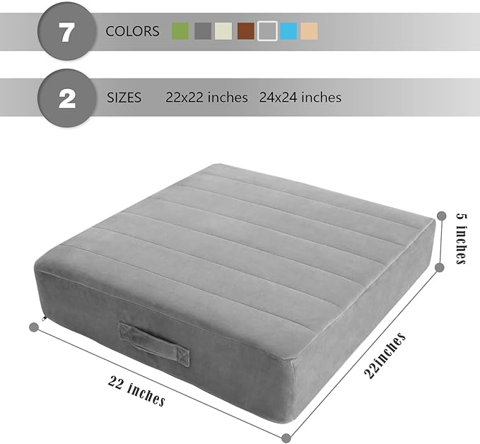 MeMoreCool Square Floor Pillow Seating for Adults Kids, Large Meditation Cushion Floor Pillow with Thick Foam & Soft Tufted Cover, Washable Big Pillow Seat Floor Cushion for Sitting Yoga, 22" Grey