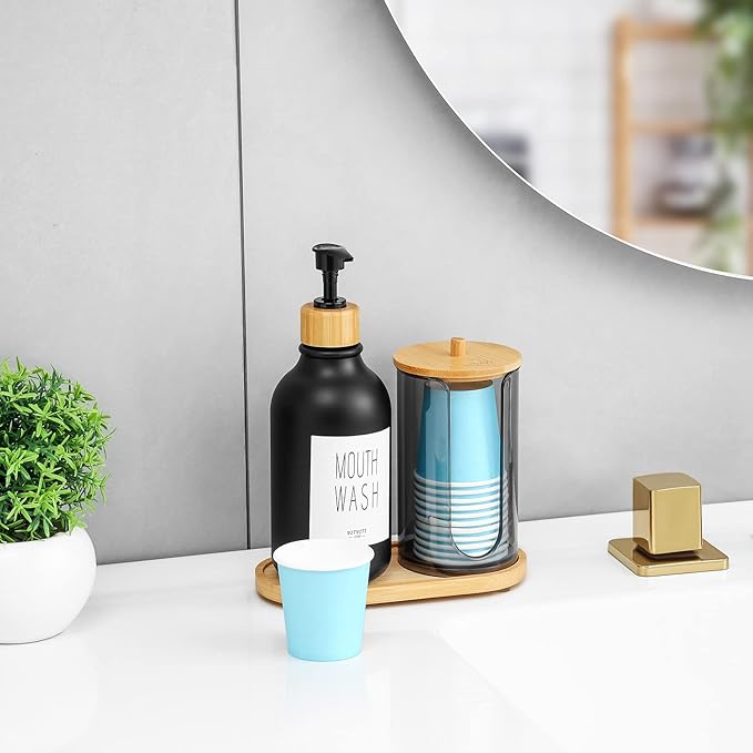 VITVITI Mouthwash Dispenser for Bathroom, Mouth Wash Pump Bottle with Paper Cup Holder, 17Oz Refillable Black Mouthwash Container with Bamboo Lid/Tray/Label