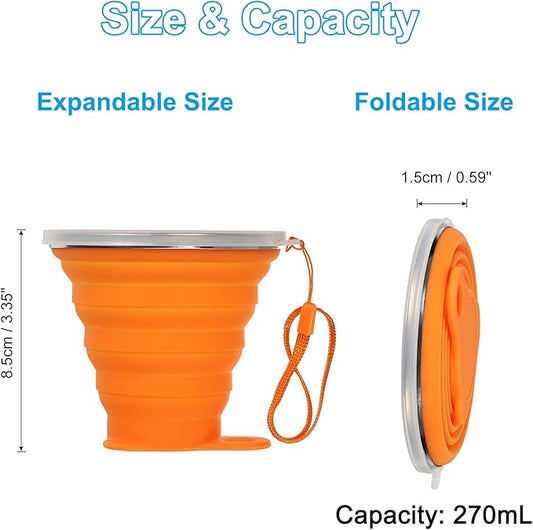PATIKIL Collapsible Travel Cup, 2 Pack 270mL Travel Folding Cup with Lid Silicone Portable Drinking Cup for Traveling Camping, Orange