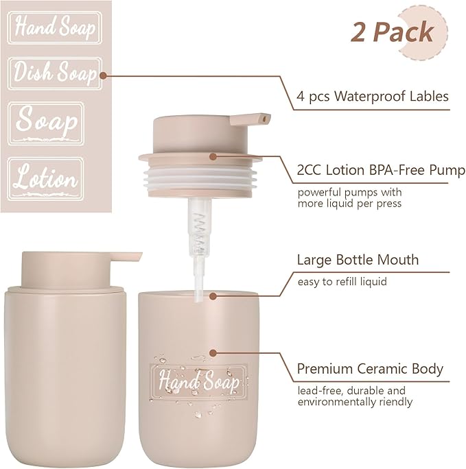 BosilunLife Khaki Soap Dispenser Set - 2 Pack 12oz Ceramic Dish Soap Dispenser with Rust Proof Pump for Kitchen, Hand Soap and Lotion Set Suitable for Farmhouse Bathroom Decor with Waterproof Labels