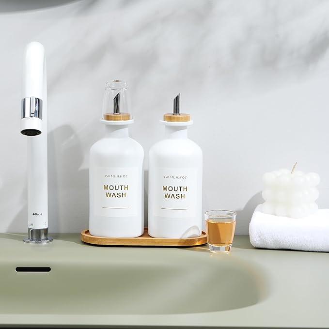 11.8OZ Mouthwash Dispenser for Bathroom with Bamboo & Stainless Steel Pour Spout, Mouthwash Cups Reusable, Bamboo Tray, and Elegant Gold Label. Set of 2（White