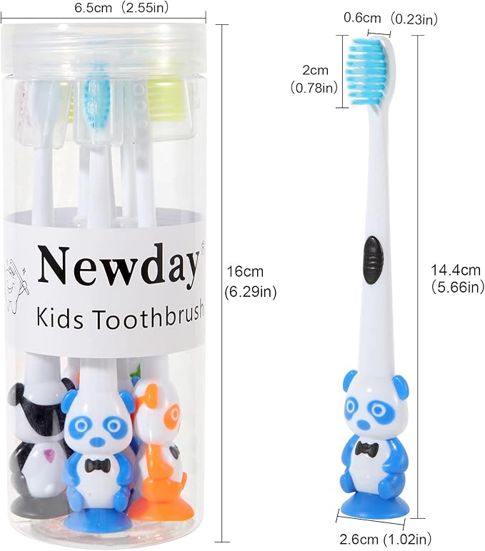 Newday Kids toothbrushes 6 Pack Set Soft Bristles with Suction Cup, Includes Travel Covers, Bear Panda toothbrushes for Kids Boys & Girls, Toddlers &Children Teeth Age 3+