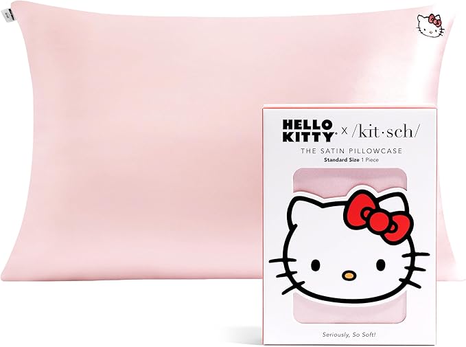 Kitsch x Hello Kitty Satin Pillowcase with Zipper for Hair Skin, Softer Than Silk Pillow Cases, Wrinkle-Free, Cooling Satin Pillow Covers, Solid Pink Kitty Face, Standard Size (19x26)