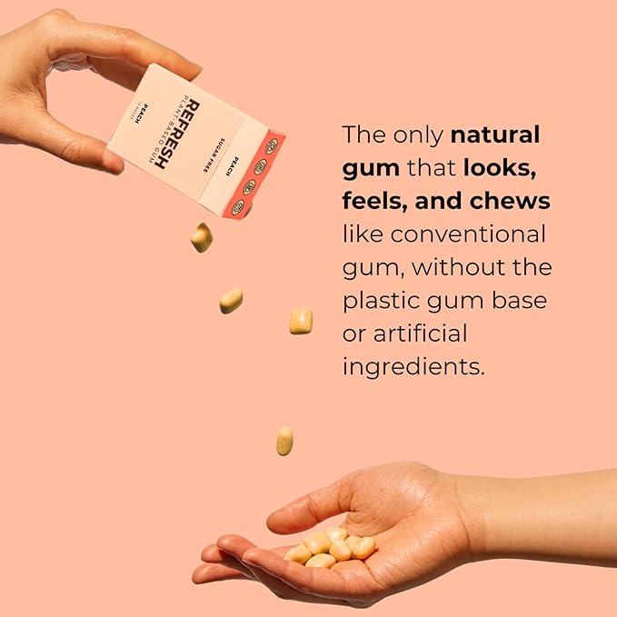 Refresh Gum, Xylitol, Natural, Sugar Free, Chewing Gum, Plastic Free, Natural Flavors & Organic Ingredients, Non GMO, Gluten Free, Vegan, 12 Count (Pack of 5), Peach