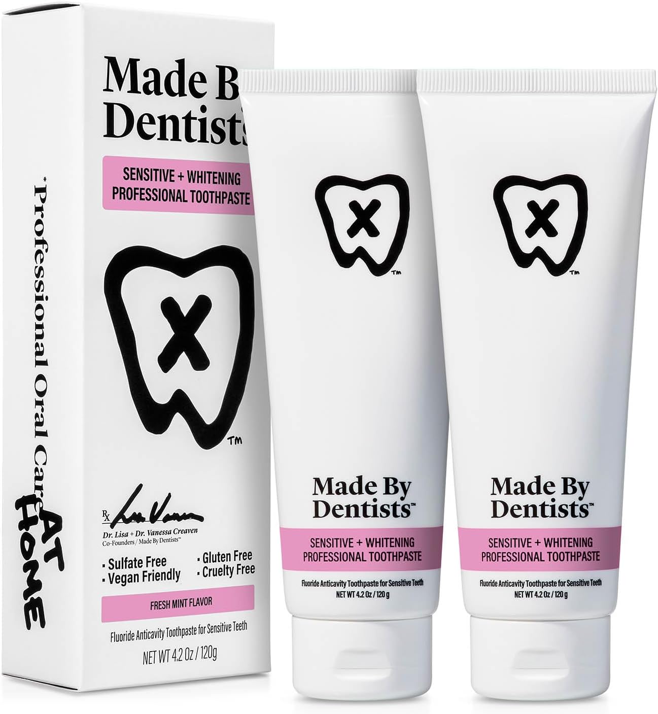 Made by Dentists Professional Sensitive + Whitening Toothpaste - Advanced Daily Whitening Toothpaste for Sensitive Teeth, ADA Approved, Vegan, Sulfate-Free, 2 x 4.2oz