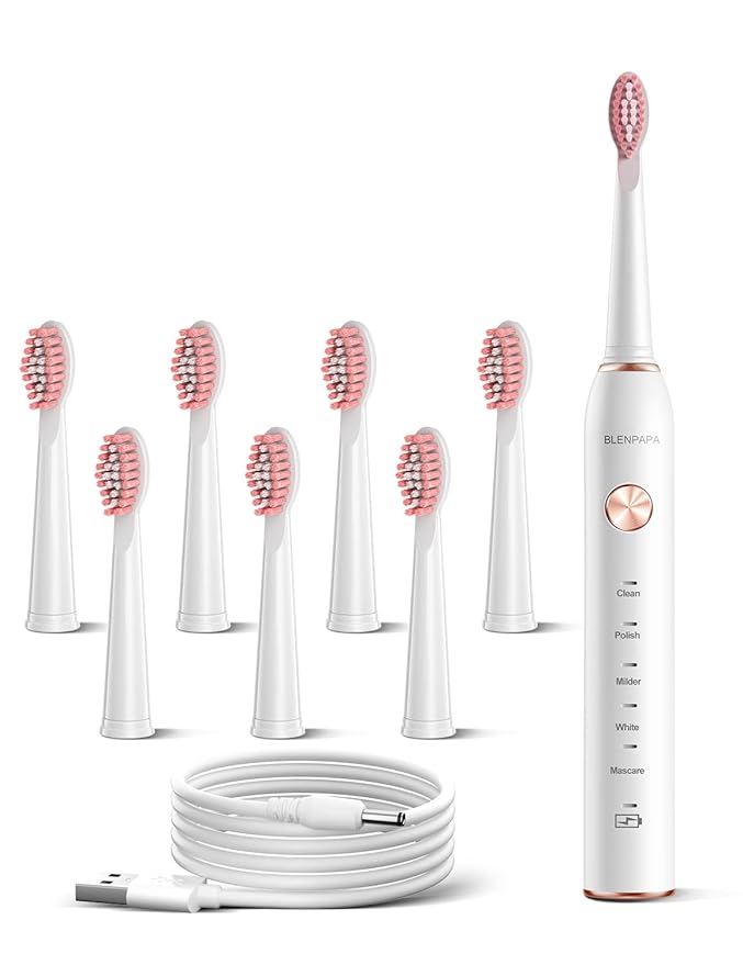 High Vibration 38000VPM Sonic Electric Toothbrush for Adults with Timer Dupont Brush Heads Ultra Whitening 5-Modes - White