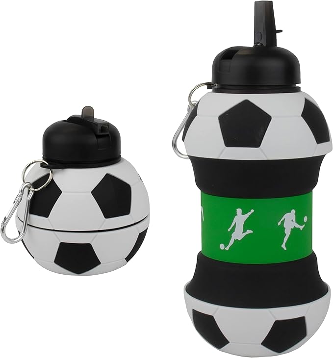 Maccabi Art Clip-On Collapsible 1 Liter, 34 oz. size BPA-Free Silicone Soccer Ball Large Water Bottle for Kids