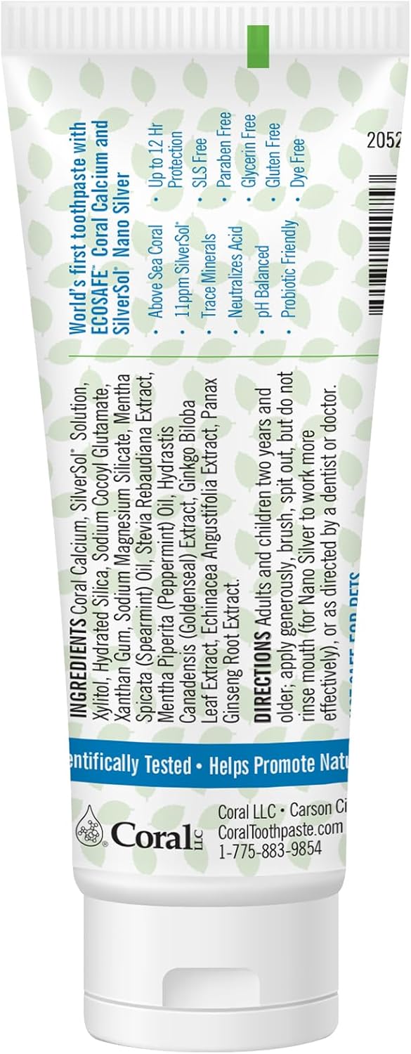 Coral White Nano Silver Mint Toothpaste, Natural Fluoride Free Teeth Whitening Toothpaste, Coral Calcium Nano Silver Infused SLS, Glycierin Free 4 Ounce (4 Pack)