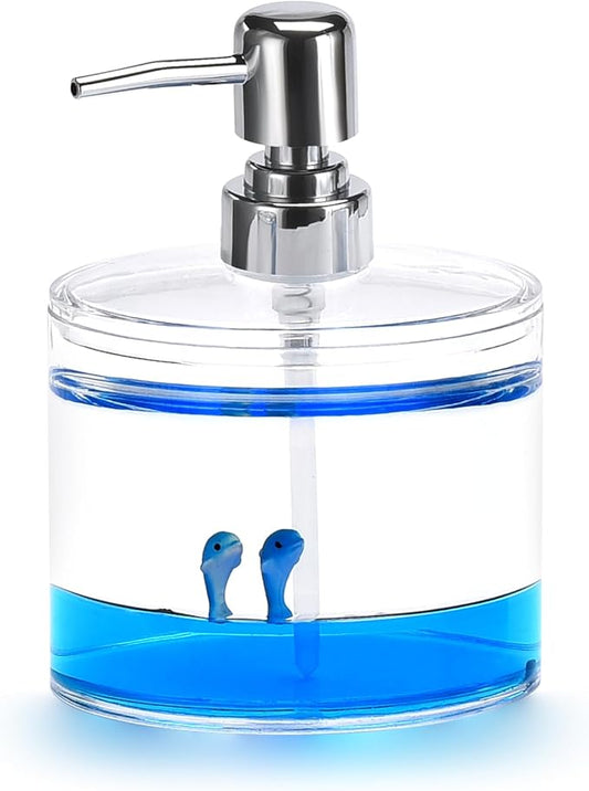 Locco Decor 4 Piece Acrylic Liquid 3D Floating Motion Bathroom Vanity Accessory Set Ocean Cartoon Animal Theme Dolphin Toothbrush Holder, Tumbler, Soap Dispenser, Soap Dis