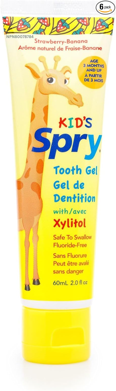 Spry Natural Xylitol Toothpaste for Baby, Toddler and Kids Age 3 Months and Up - Fluoride Free Tooth Gel, Tasty, Support Development of Emerging Teeth, Strawberry Banana 2 Fl Oz (Pack of 6)