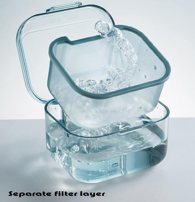 MURRI&MURRDI Retainer Case, Denture Bath Box with Strainer Basket, Mouth Guard Case, Braces Cleaner Cup, Cute Denture Cleaning Holder for Travel Retainer Storage Soak Container (B Blue)