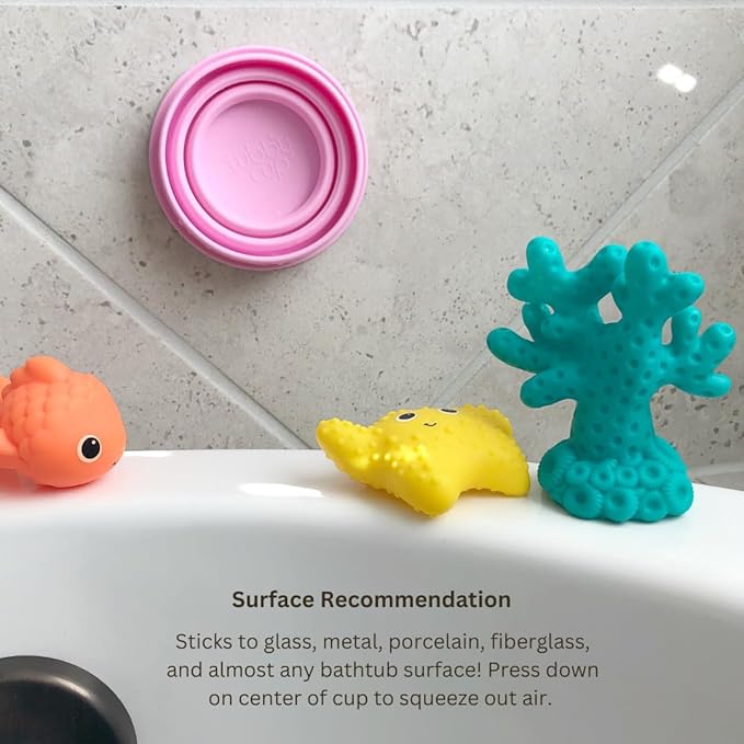 TubbyCup Baby Bath Rinse Cup, Collapsible & Convenient Space Saving Bath Cup with Suction Base, Sticks to Tub or Tile. Soft, Flexible, Makes Bath Time Safe & Fun. BPA-Free Non-Toxic Patented! (Pink)