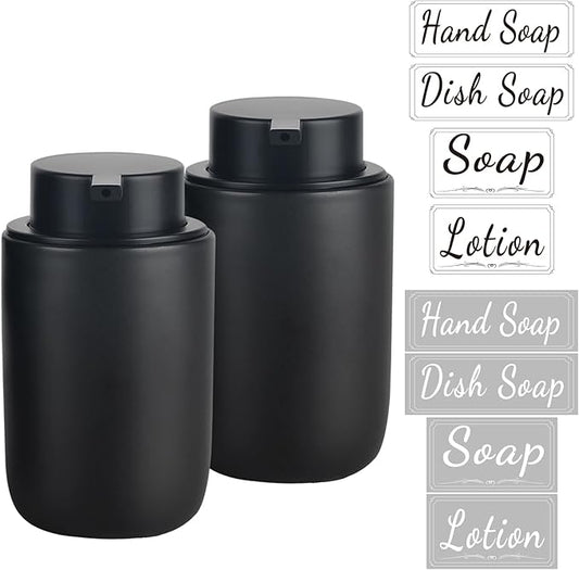 BosilunLife Black Soap Dispenser Set - 2 Pack 12oz Ceramic Dish Soap Dispenser with Rust Proof Pump for Kitchen, Hand Soap and Lotion Set Suitable for Farmhouse Bathroom Decor with Waterproof Labels