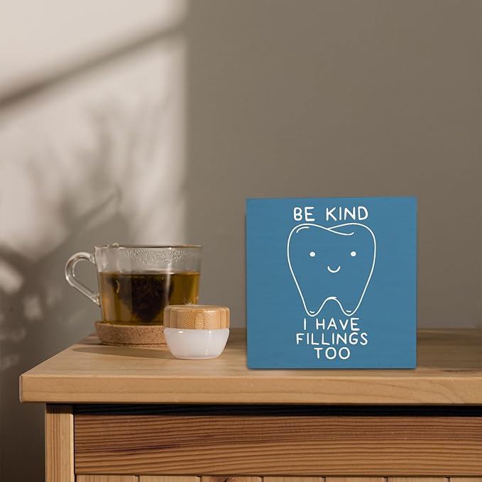 Dental Decor Wooden Signs,Blue Dental Hygienist Wooden Box Sign,Funny Dentist For Home Office Shelf Table Decor 5x5 Inches,Dental School Gift, Dentist Gifts