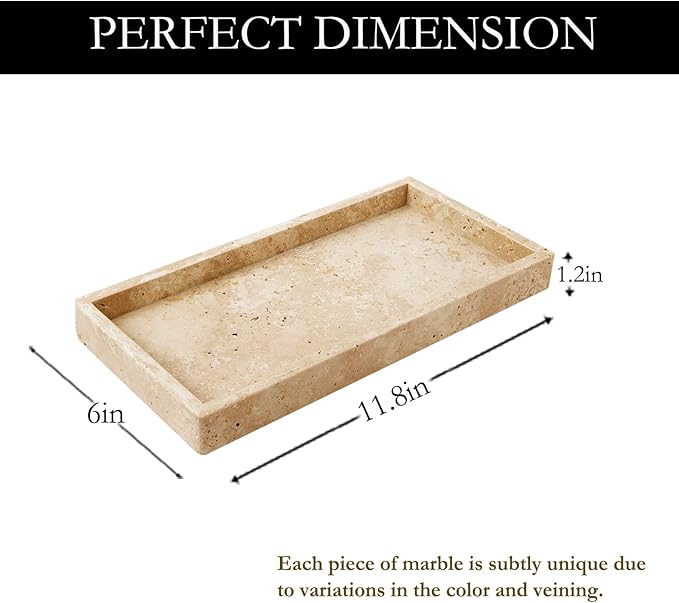 Marble Vanity Tray Italy Natural Travertine Stone Decorative Tray for Perfume, Cosmetic and Kitchen Organization, Coffee Table Display Beige