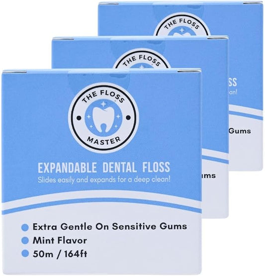 Expandable Dental Floss 3 Pack I Plastic-Free Dispenser I 50 Meter / 164 feet per Pack I Gentle Glide for Effective Cleaning I Mint Flavor