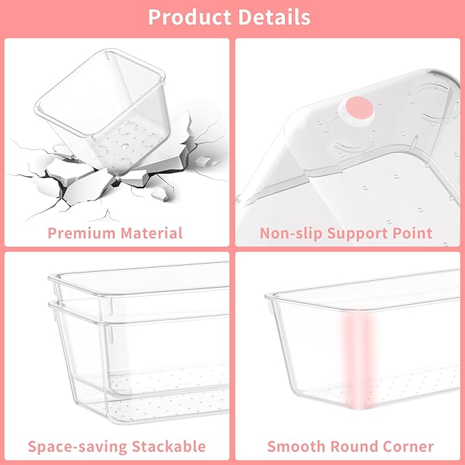 25 PCS Plastic Drawer Organizer Set, 4-Size Clear Bathroom and Vanity Desk Drawer Organizer Trays, Non-Slip Versatile Storage Bins for Makeup Jewelry Office Kitchen Gadgets