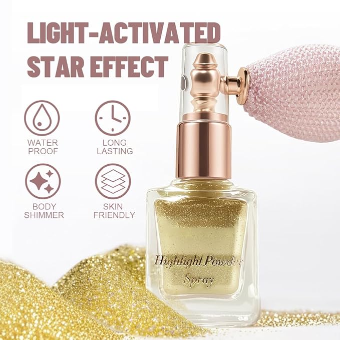 Champagne Highlighter Spray, Professional Shiny Glitter Spray for Eyeshadow Face and Body Luminizers, Loose Shimmer Powder Makeup Mist for Women Kid Rave Outfits Festival Accessories