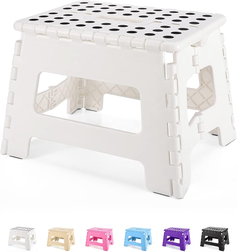 Dyforce Folding Step Stool 9 Inch, Kids Step Stool, Heavy Duty Step Stools for Adults, Compact Foot Stools, Light-Weight Toddler Step Stools for Kitchen, Bathroom, Holds Up to 300 lbs (White)
