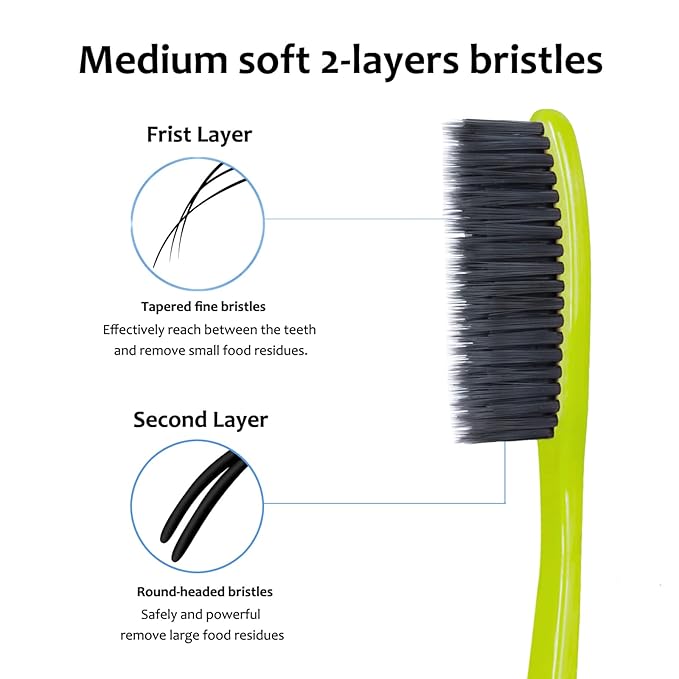 EasyHonor Huge Head Toothbrush, with Medium Soft Britles for Adult. (Charcoal Bristles,8 Packs)