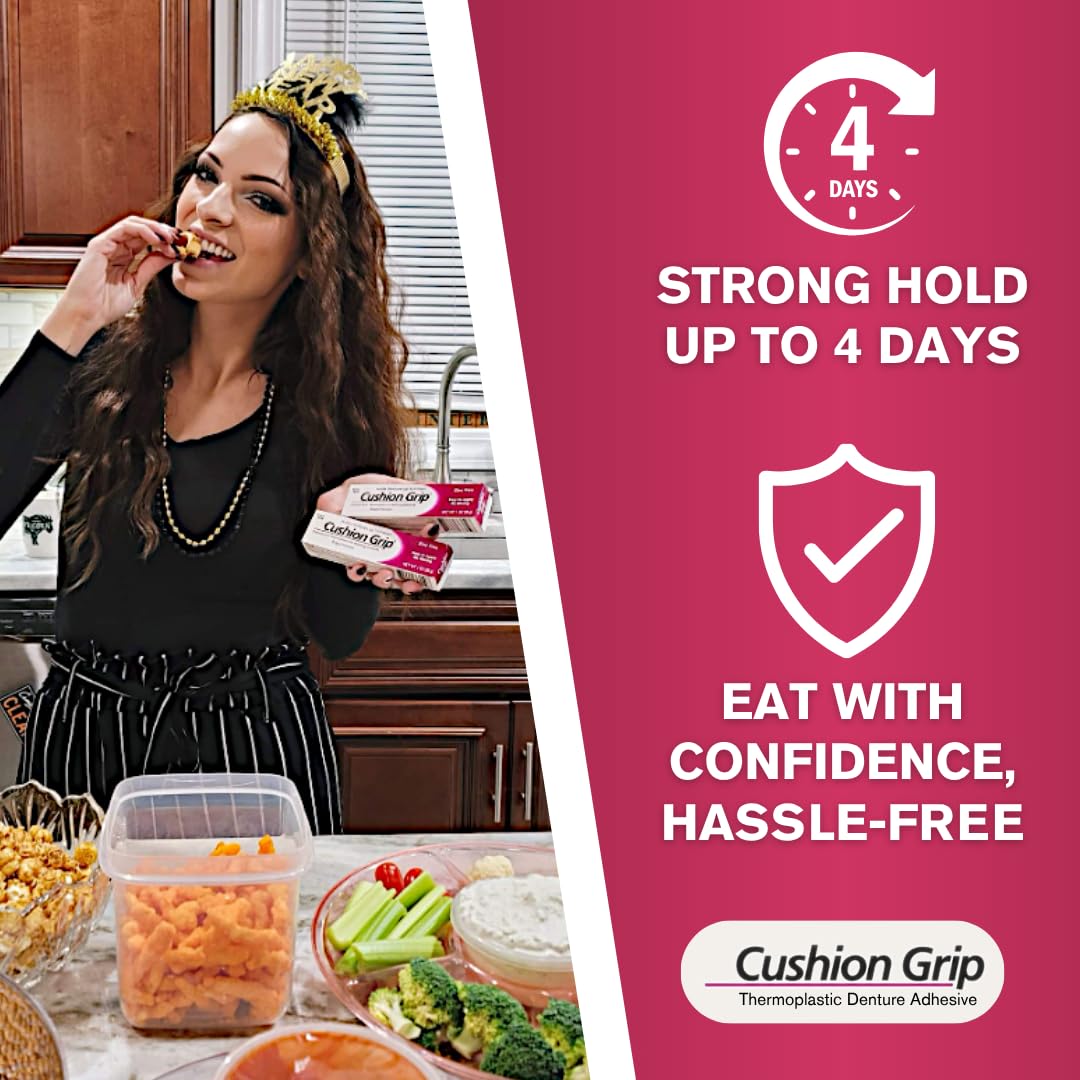 Cushion Grip Thermoplastic Denture Adhesive, 0.35 oz Travel Size (Pack of 10) – Refits and Tightens Loose Dentures for Up to 4 Days | Non-Glue, Zinc-Free, Waterproof Formula, Acts Like a Soft Reliner