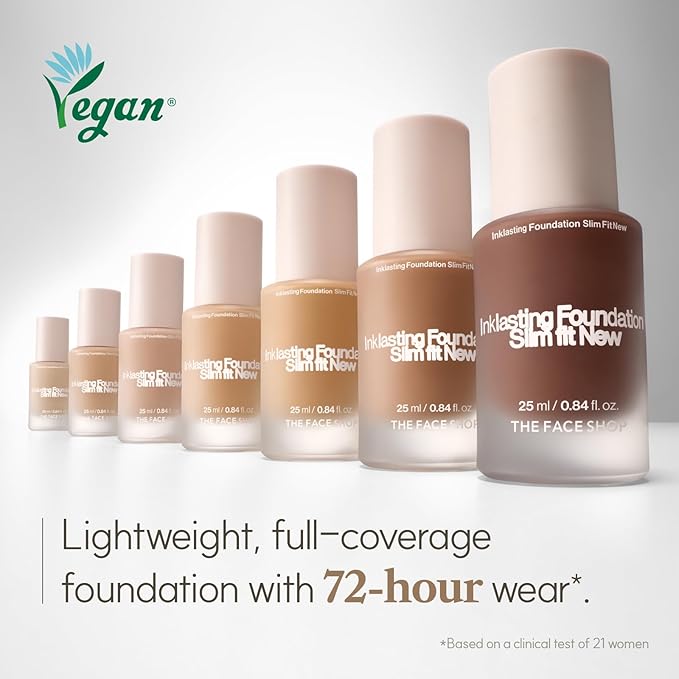 THE FACE SHOP Ink Lasting Liquid Foundation, Full Coverage, 72‑Hour Wear Semi‑Matte Finish, Makeup with Bakuchiol, N110 Buttercream, 0.84 Fl. Oz.